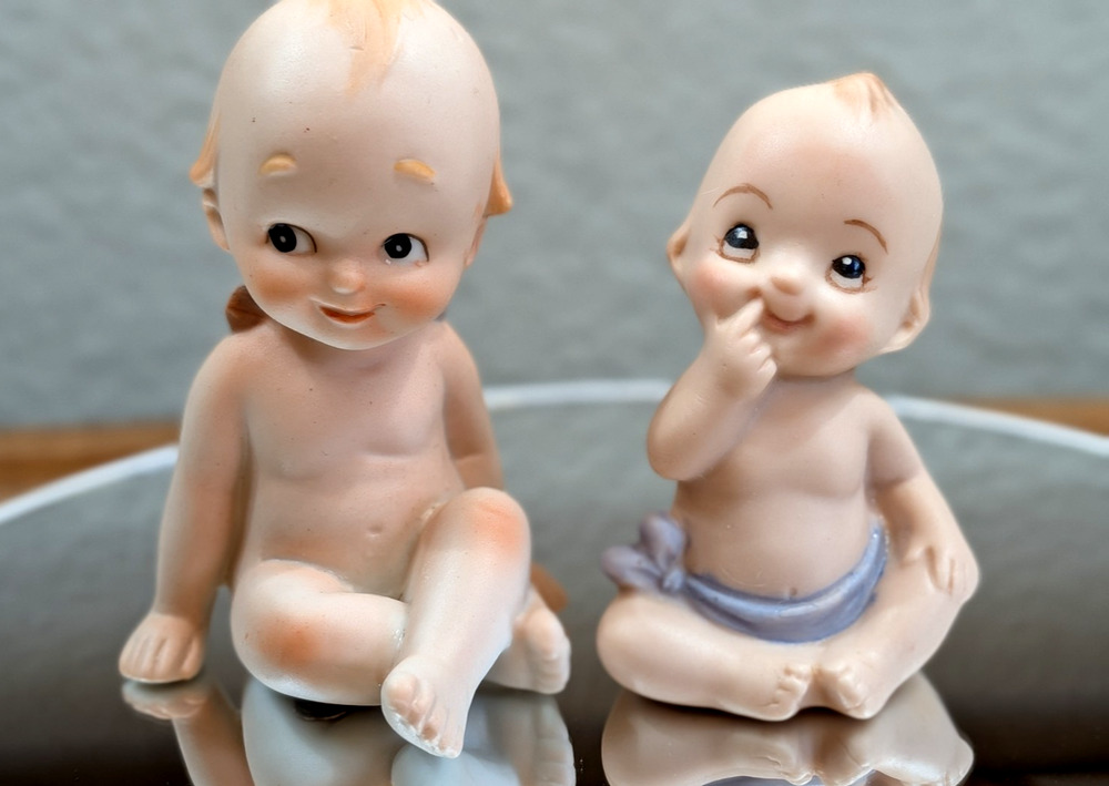 Vintage Lefton Kewpie Bisque Baby Figurines Set 2 Cherubs Miniature Japan 2" 3"